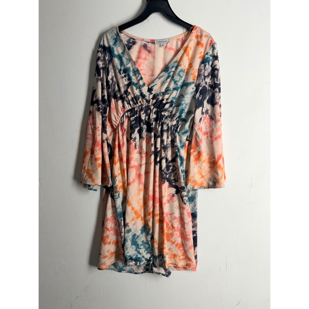 White Birch Tie Dye Mini Dress V-Neck Bell Sleeve Boho Orange Blue Medium